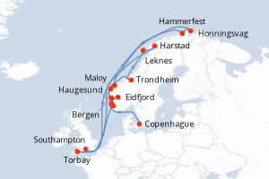 Carte de l'itinéraire de croisière Copenhague-Southampton d'une durée de 18 jours