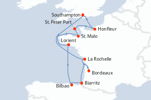 Carte de l'itinéraire de croisière Southampton-Southampton d'une durée de 12 jours