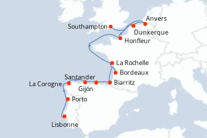 Carte de l'itinéraire de croisière Southampton-Lisbonne d'une durée de 13 jours