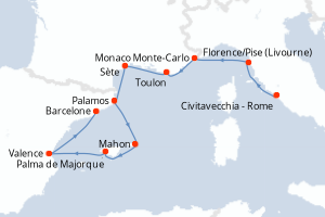 Carte de l'itinéraire de croisière Civitavecchia - Rome-Barcelone d'une durée de 11 jours