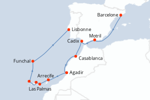 Carte itinéraire croisière Espagne, Maroc, Portugal - 12 jours au départ de Barcelone - Atlantique