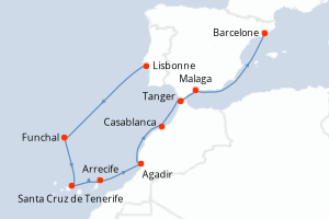 Carte de l'itinéraire de croisière Lisbonne-Barcelone d'une durée de 10 jours