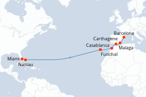 Carte de l'itinéraire de croisière Barcelone-Miami d'une durée de 14 jours