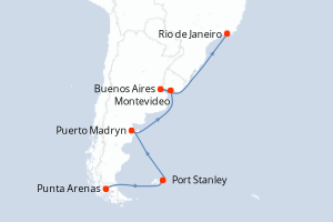 Carte de l'itinéraire de croisière Punta Arenas-Rio de Janeiro d'une durée de 16 jours