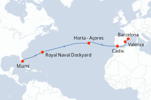 Carte de l'itinéraire de croisière Miami-Barcelone d'une durée de 14 jours