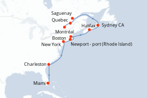 Carte de l'itinéraire de croisière Montréal-Miami d'une durée de 14 jours