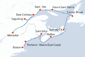 Carte de l'itinéraire de croisière Montréal-Boston d'une durée de 11 jours