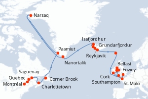 Carte de l'itinéraire de croisière Montréal-Southampton d'une durée de 28 jours