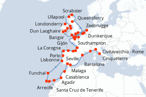 Carte de l'itinéraire de croisière Civitavecchia - Rome-Southampton d'une durée de 45 jours