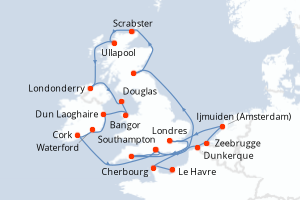 Carte de l'itinéraire de croisière Le Havre-Southampton d'une durée de 19 jours
