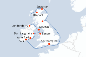 Carte de l'itinéraire de croisière Southampton-Southampton d'une durée de 12 jours
