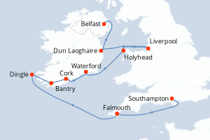 Carte de l'itinéraire de croisière Southampton-Belfast d'une durée de 10 jours