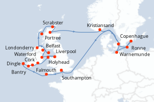 Carte de l'itinéraire de croisière Southampton-Southampton d'une durée de 25 jours
