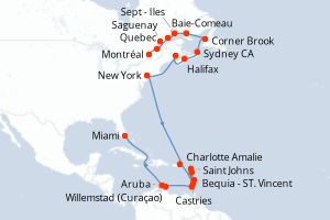 Carte de l'itinéraire de croisière Montréal-Miami d'une durée de 25 jours