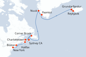 Carte de l'itinéraire de croisière Reykjavik-New York d'une durée de 17 jours