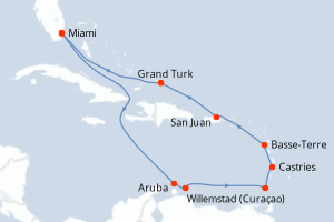 Carte de l'itinéraire de croisière Miami-Miami d'une durée de 12 jours