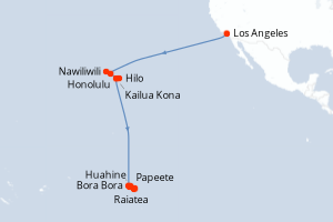 Carte de l'itinéraire de croisière Los Angeles-Papeete d'une durée de 21 jours