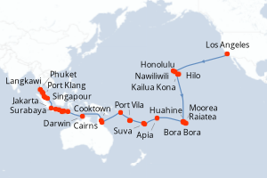 Carte de l'itinéraire de croisière Los Angeles-Singapour d'une durée de 59 jours