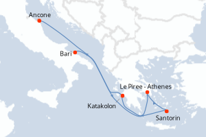 Carte de l'itinéraire de croisière Bari-Ancone d'une durée de 6 jours