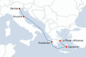 Carte de l'itinéraire de croisière Le Piree - Athenes-Venise d'une durée de 5 jours