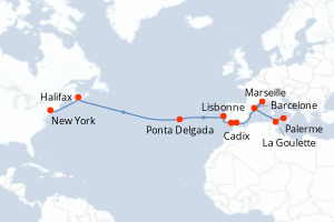 Carte de l'itinéraire de croisière New York-Palerme d'une durée de 19 jours