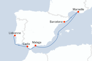 Carte de l'itinéraire de croisière Lisbonne-Barcelone d'une durée de 6 jours