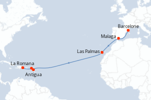 Carte de l'itinéraire de croisière Barcelone-La Romana d'une durée de 14 jours