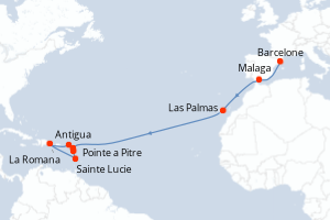 Carte de l'itinéraire de croisière Barcelone-Pointe a Pitre d'une durée de 17 jours