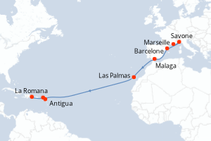 Carte de l'itinéraire de croisière Marseille-La Romana d'une durée de 16 jours