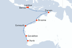 Carte de l'itinéraire de croisière Perth-Benoa d'une durée de 13 jours