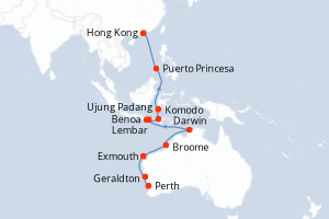 Carte de l'itinéraire de croisière Perth-Hong Kong d'une durée de 23 jours