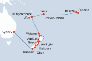 Carte de l'itinéraire de croisière Papeete-Sydney d'une durée de 30 jours