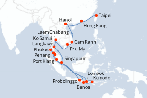 Carte de l'itinéraire de croisière Benoa-Taipei d'une durée de 25 jours
