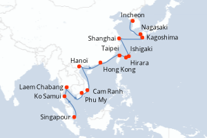 Carte de l'itinéraire de croisière Singapour-Incheon d'une durée de 23 jours