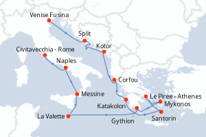 Carte itinéraire croisière Croatie, Monténégro, Grèce, Malte, Italie - 14 jours au départ de Venise Fusina - Méditerranée