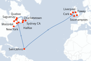 Carte de l'itinéraire de croisière Southampton-New York d'une durée de 25 jours