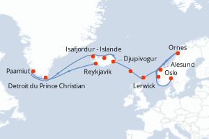 Carte de l'itinéraire de croisière Reykjavik-Oslo d'une durée de 14 jours