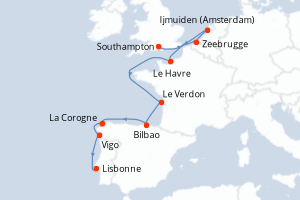 Carte de l'itinéraire de croisière Southampton-Lisbonne d'une durée de 9 jours