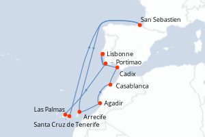 Carte de l'itinéraire de croisière Lisbonne-Lisbonne d'une durée de 10 jours