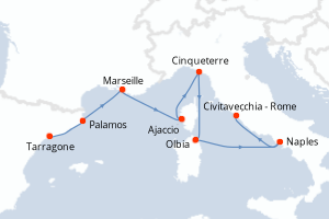Carte de l'itinéraire de croisière Tarragone-Civitavecchia - Rome d'une durée de 7 jours