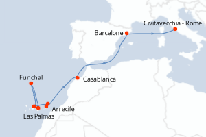 Carte de l'itinéraire de croisière Las Palmas-Civitavecchia - Rome d'une durée de 10 jours