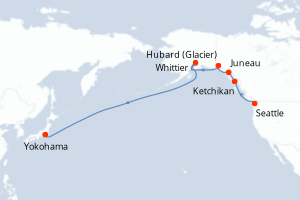 Carte de l'itinéraire de croisière Seattle-Yokohama d'une durée de 16 jours
