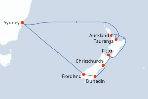 Carte de l'itinéraire de croisière Sydney-Sydney d'une durée de 13 jours
