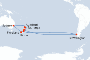 Carte de l'itinéraire de croisière Sydney-Sydney d'une durée de 14 jours