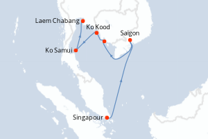 Carte de l'itinéraire de croisière Singapour-Laem Chabang d'une durée de 10 jours
