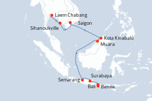 Carte de l'itinéraire de croisière Laem Chabang-Benoa d'une durée de 14 jours
