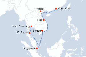 Carte de l'itinéraire de croisière Hong Kong-Laem Chabang d'une durée de 15 jours