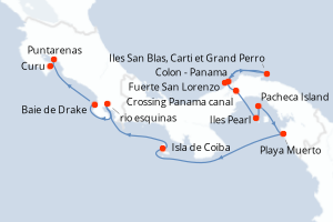 Carte de l'itinéraire de croisière Colon - Panama-Puntarenas d'une durée de 10 jours