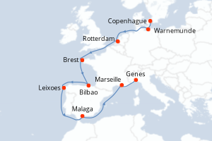 Carte de l'itinéraire de croisière Copenhague-Genes d'une durée de 14 jours