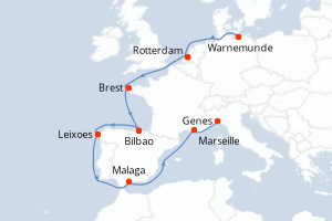 Carte de l'itinéraire de croisière Warnemunde-Genes d'une durée de 12 jours